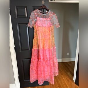 STAUD Sheer Dress in Pink and Orange